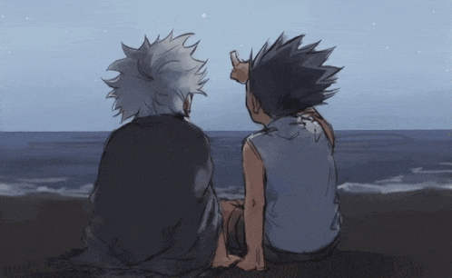 a drawing of two anime characters sitting on the beach