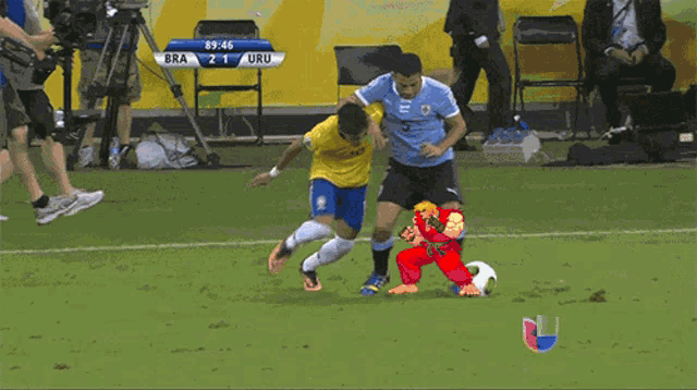 a soccer game is being played between bra and uru and the score is 21 to 21