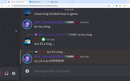 a screenshot of a discord conversation between sus_thomas303303 and harv at 9:40 am