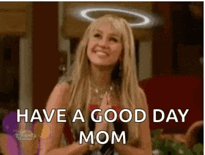 a woman with a halo on her head is smiling and wishing her mom a good day .