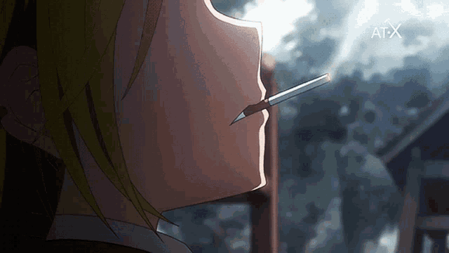 a close up of a person smoking a cigarette with the at-x logo in the corner