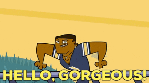 a cartoon character is flexing his muscles with the words hello gorgeous below him
