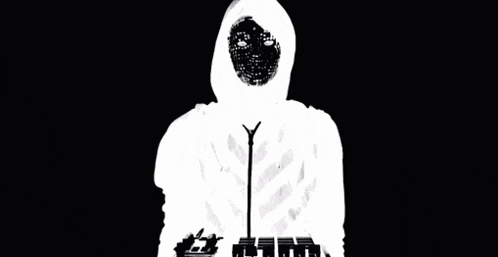 a black and white image of a person with a mask on