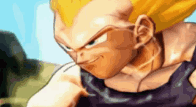 a close up of a cartoon character with yellow hair and a black shirt