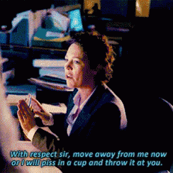 a woman sitting at a desk with the words " with respect sir move away from me now "