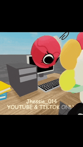 a cartoon of a person sitting at a desk with balloons and a computer with the name jhessie 014