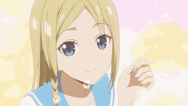a girl with blonde hair and blue eyes is wearing a sailor suit