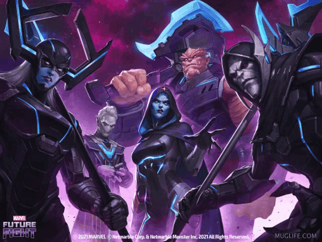 a poster for marvel 's future fight shows a group of warriors