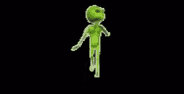 a green alien is dancing on a black background in a cartoon style .