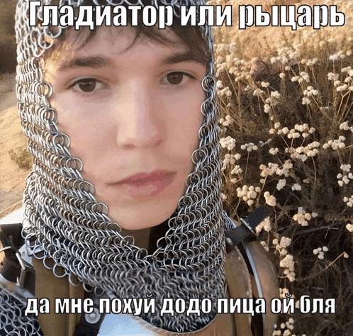 a man wearing chain mail stands in front of flowers