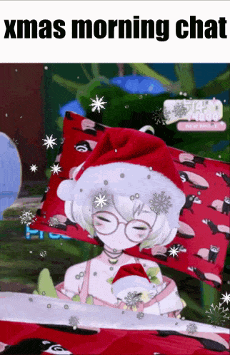 a girl wearing a santa hat and glasses is laying on a bed