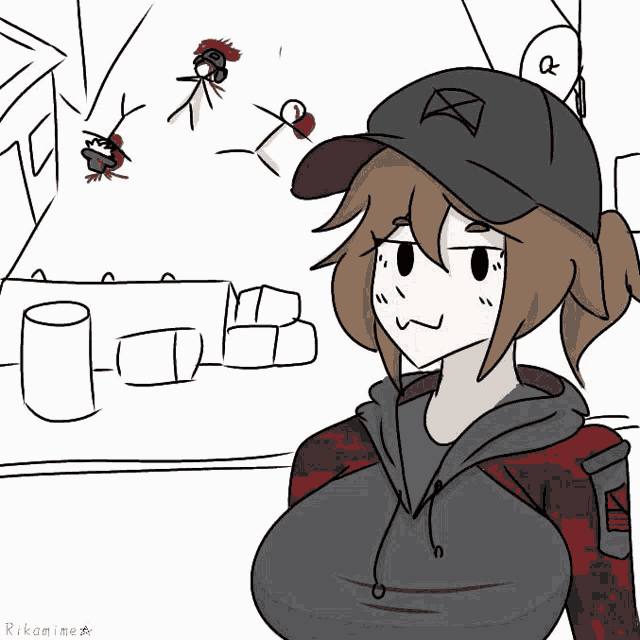 a black and white drawing of a girl wearing a baseball cap with the letter a on it