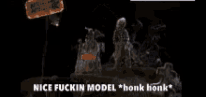a sign that says nice fuckin model honk honk in the dark