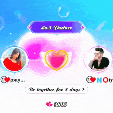 a screenshot of a game that says lo.3 partner be together for 8 days