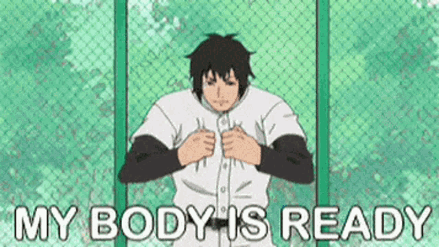 a man in a baseball uniform is standing next to a chain link fence and says `` my body is ready '' .