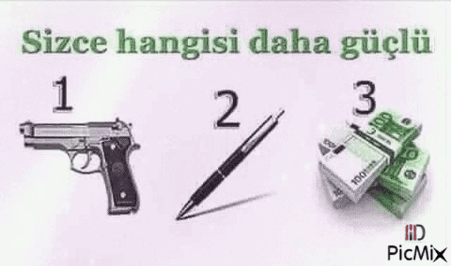 a gun , a pen , and a stack of money are shown on a pink background .