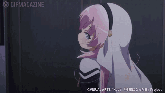 a gif of a girl with pink hair and the words gifmagazine at the bottom