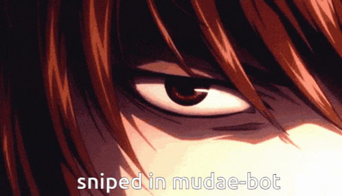 a close up of a person 's eye with the words sniped in mudae-bot written below it
