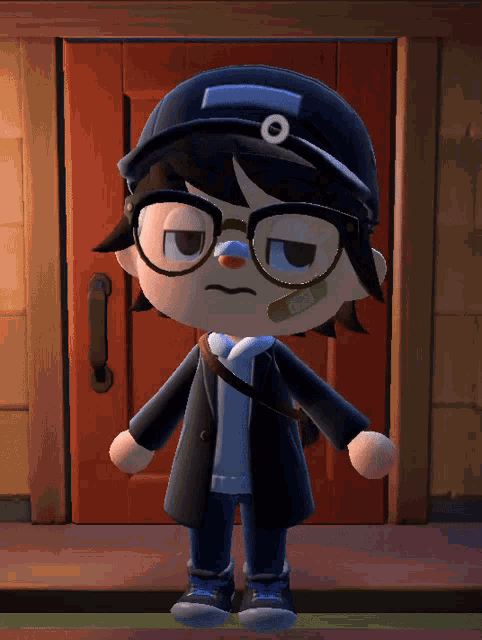 a cartoon character standing in front of a red door