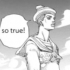 a black and white drawing of a man with a hat and a speech bubble that says `` so true '' .