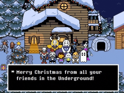 a group of cartoon characters are standing in front of a house in the snow .