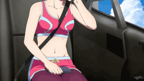 a woman in a pink crop top is sitting in a car