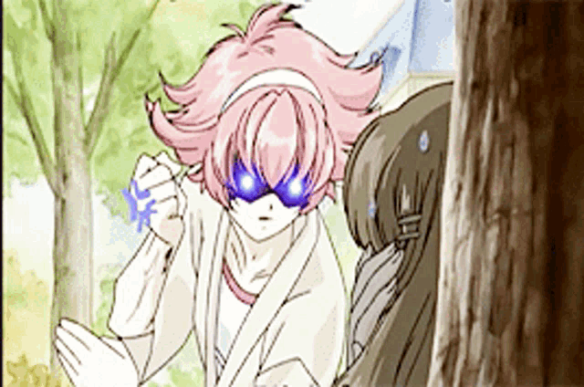 a girl with pink hair and blue eyes is standing next to a tree