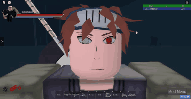 a screenshot of a video game shows a character with red eyes and a bandana on his head