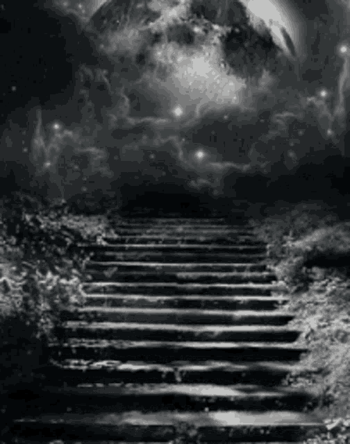 a black and white photo of a set of stairs leading up to a full moon