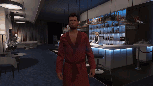 a man in a robe stands in front of a bar in a video game