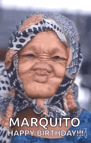 a woman wearing a scarf around her head is making a funny face and wishing someone a happy birthday .
