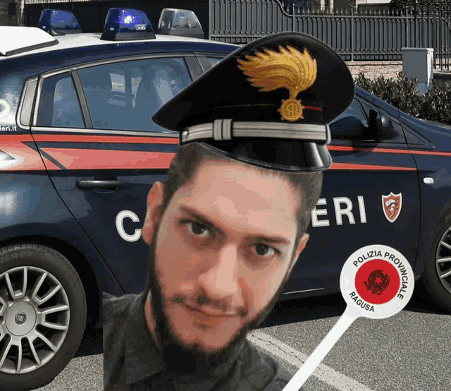 a man wearing a hat stands in front of a car that says cleri