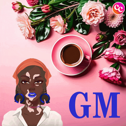 a woman with vitiligo sits in front of a cup of coffee and flowers