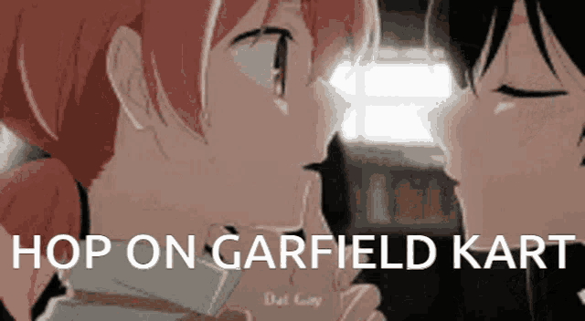 a couple of anime girls kissing with the words hop on garfield kart in the corner