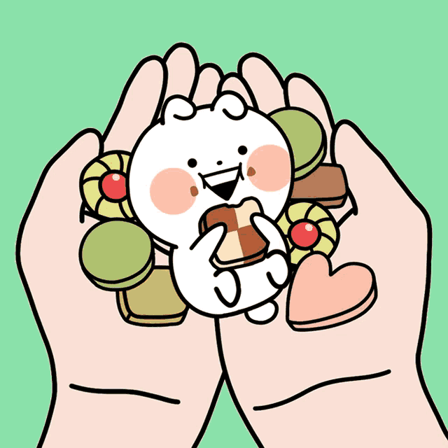 a cartoon of a rabbit holding a pile of cookies