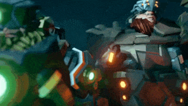 a group of robots are standing next to each other with green lights on their heads .