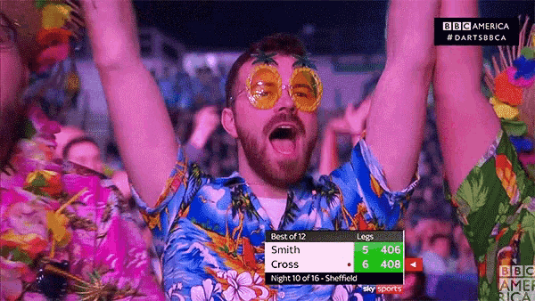 a man wearing sunglasses and a hawaiian shirt is watching a game on tv