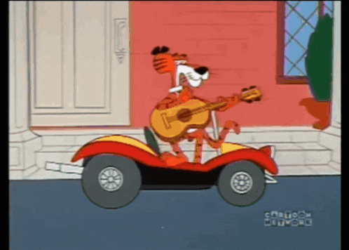 a cartoon of tony tiger playing a guitar in a red car