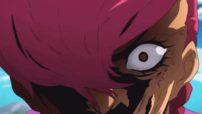 a close up of a cartoon character 's face with a large eye .