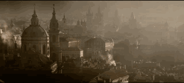 a cityscape with smoke coming out of chimneys and buildings