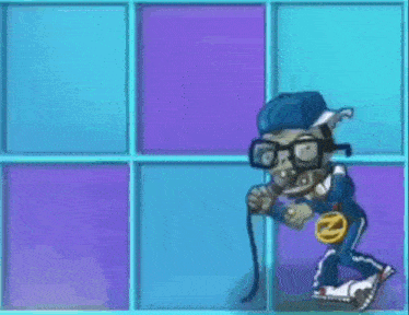 a cartoon zombie with glasses and a cane is standing in front of a window .