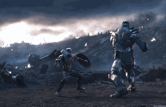captain america and thanos are fighting in a battle scene