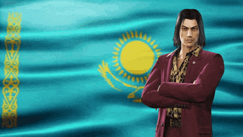 a man in a red suit stands with his arms crossed in front of a kazakh flag