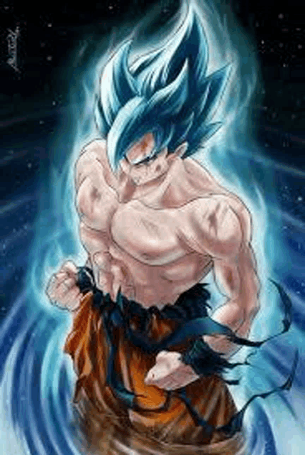 a drawing of a shirtless goku from dragon ball z with blue hair and a blue background .