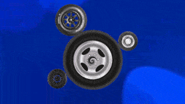 a bunch of tires on a blue background with tray in the bottom right corner