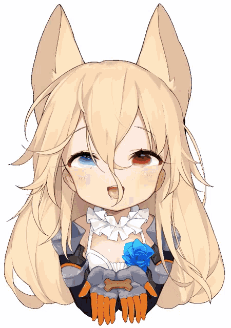 a blonde anime girl with red eyes is holding a dog treat
