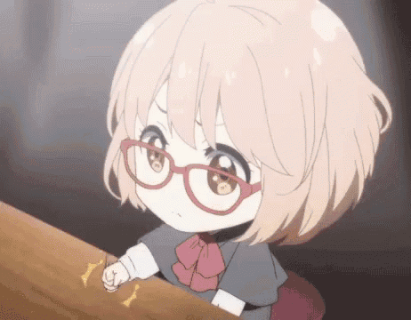 a chibi girl wearing glasses is sitting at a table .