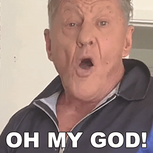an older man is making a funny face with the words oh my god behind him