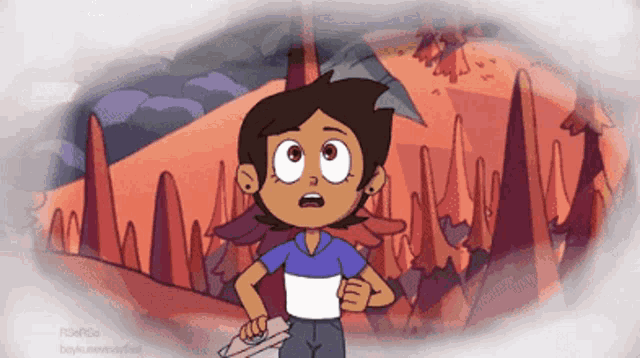 a cartoon of a girl with big eyes standing in front of a cliff