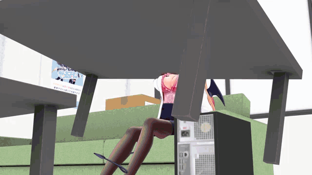a computer generated image of a woman sitting under a table with a poster on the wall that says ' tokyo ghoul '